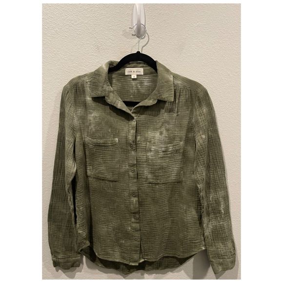 CLOTH AND STONE Tie Dye Button Down Olive Green Long Sleeve Shirt - Picture 2 of 4